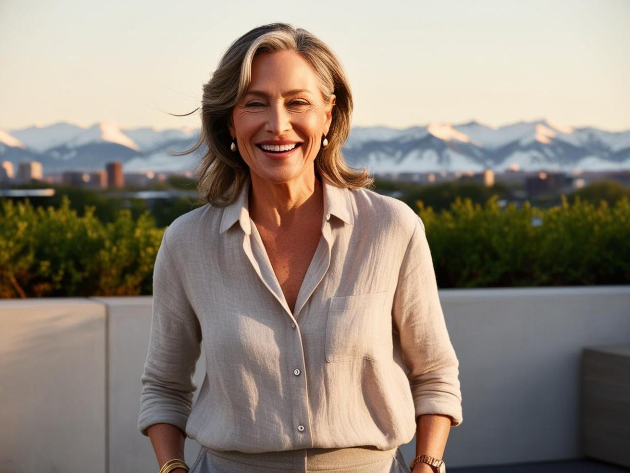 Healthy older woman smiling in Denver with mountains and soft sunlight behind her.