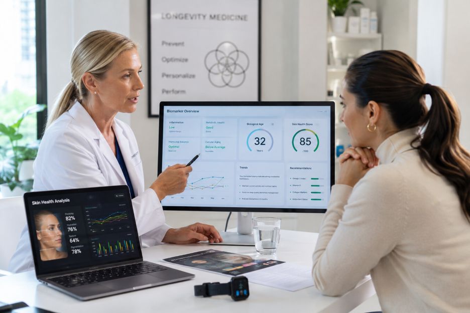 healthcare professional reviewing biomarker data and skin health analytics with patient