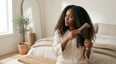 A woman with long natural hair carefully detangling her hair with a widetooth comb through a gentle haircare technique in a bright minimal bedroom